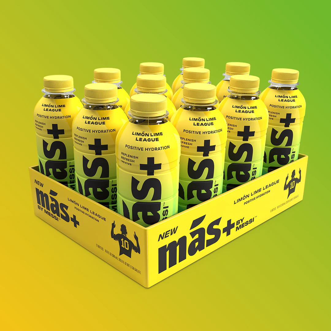 Mas+ , MAS+ Lemon Lime League, Mas by messi, Mas+ by Messi, messi drink, mas drink, mas plus messi, mas plus